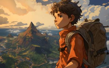 An animated boy on a hill, looking out over a valley with a backpack.